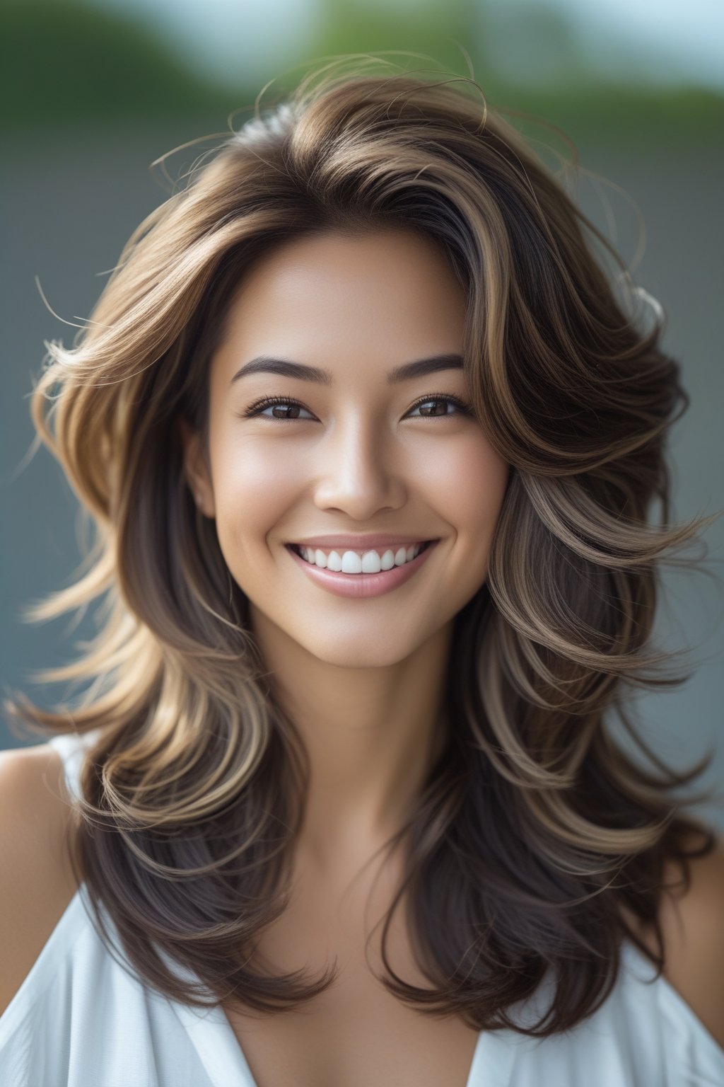 Headshot of a smiling woman outdoors with long layered hair and natural skin tone.