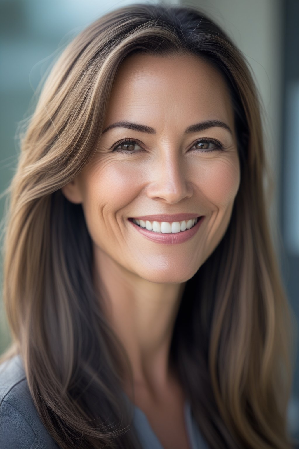Headshot of a smiling woman with long hair parted in the center, outdoors.