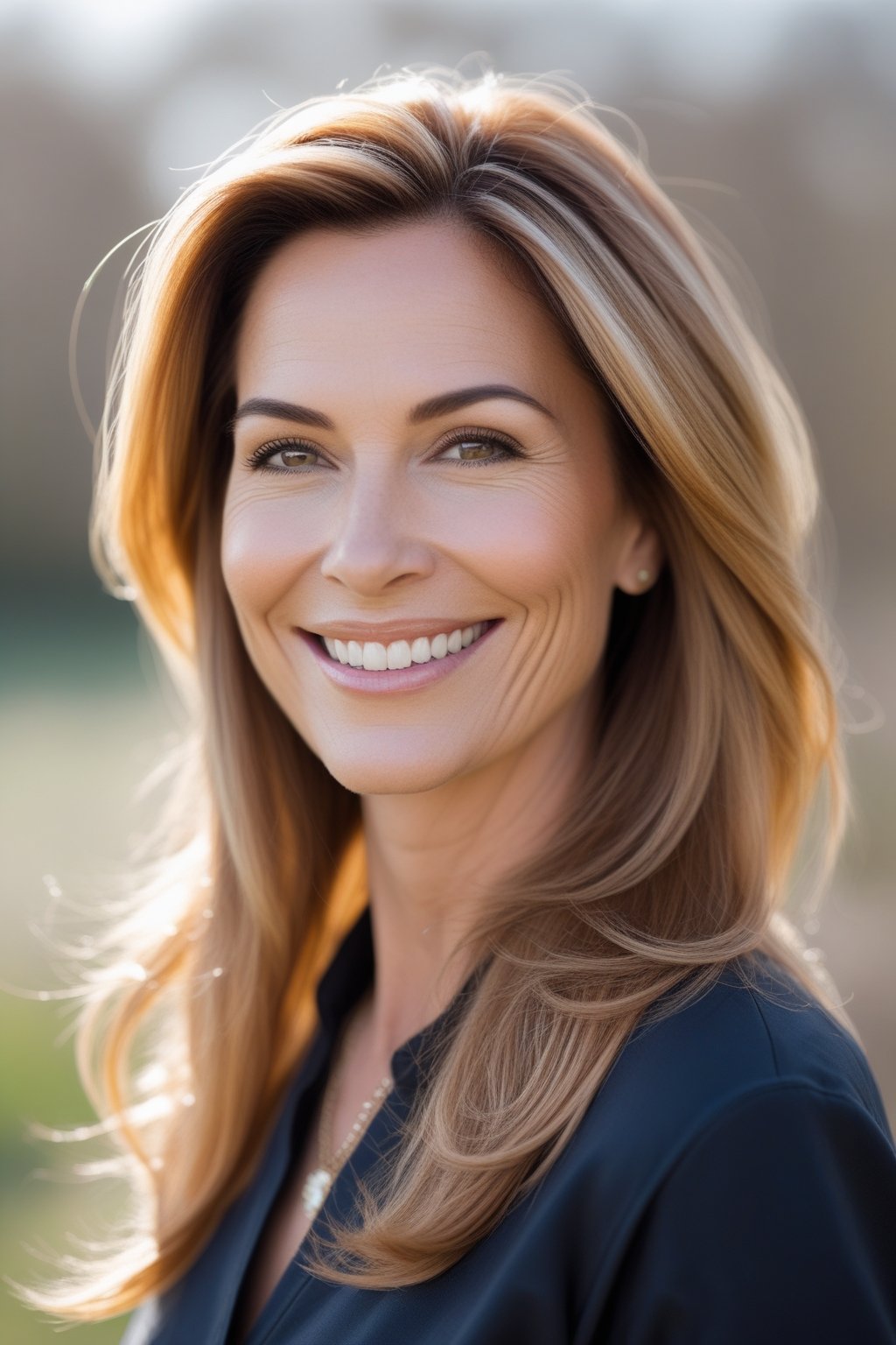 Headshot of a smiling woman outdoors with long layered hair and natural skin tone.