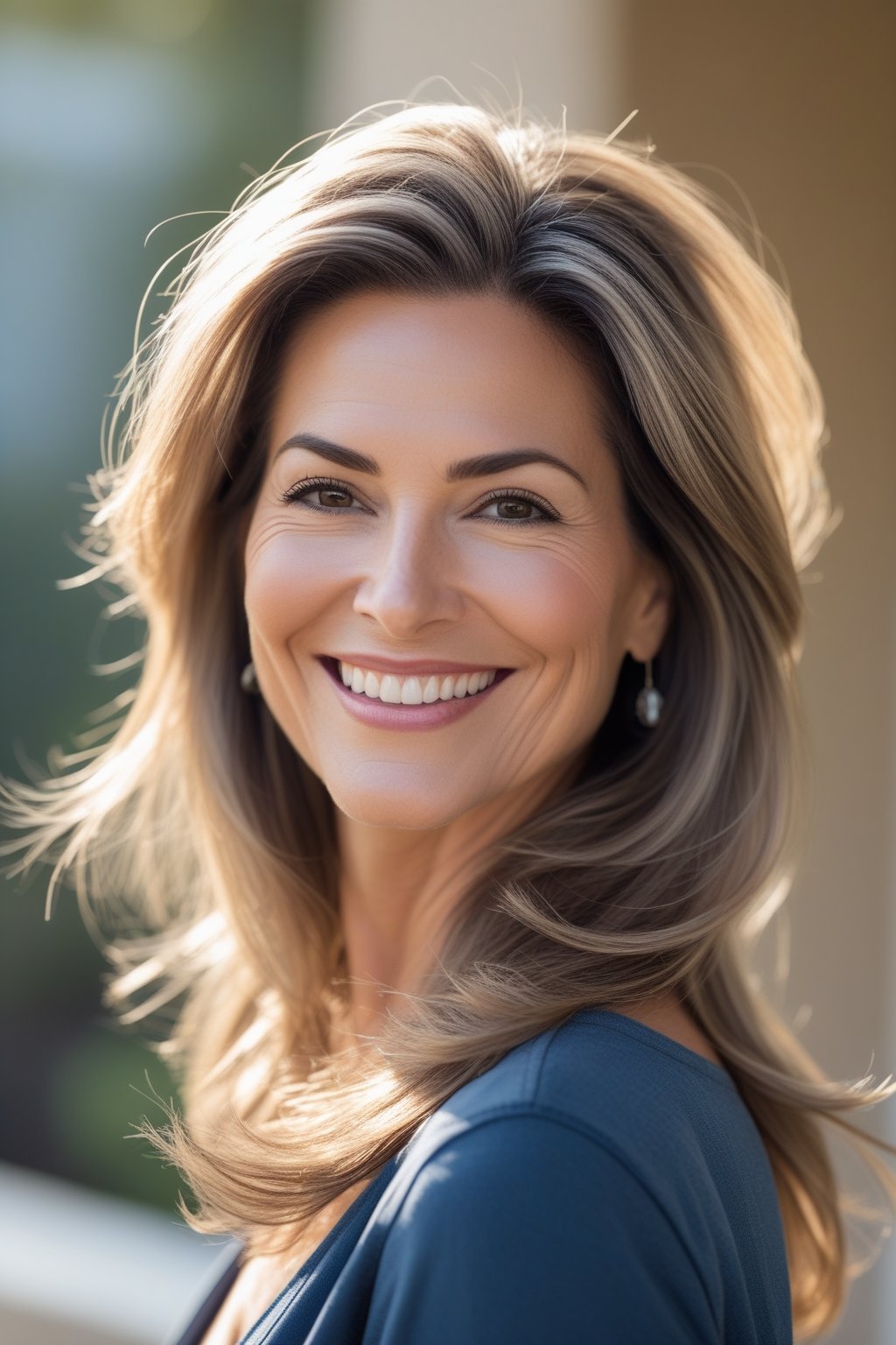 Smiling woman with long hair standing outdoors, shown from the shoulders up.