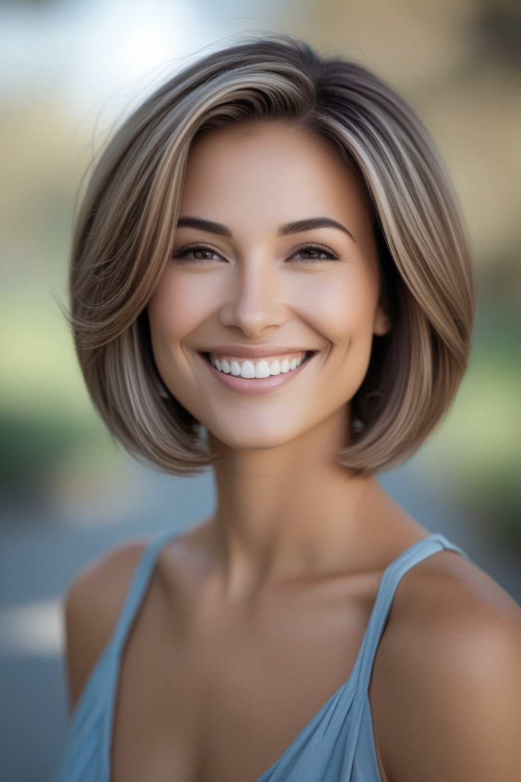 Headshot of a smiling woman outdoors with short layered hair and natural lighting.