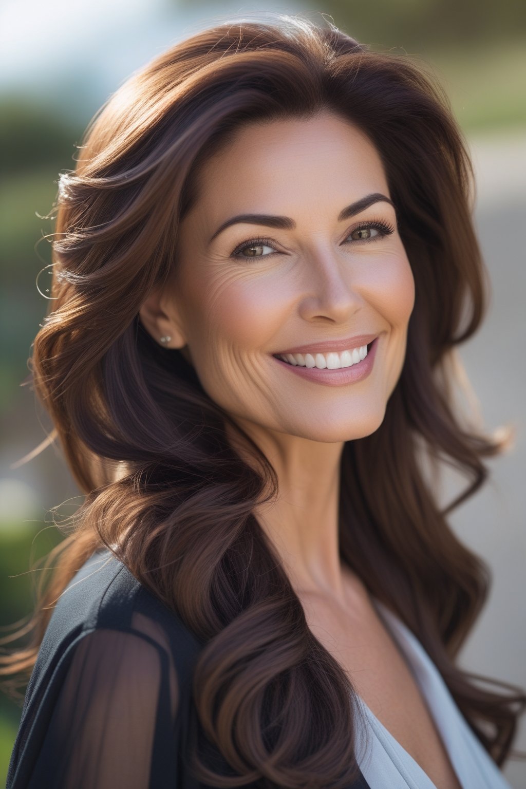 Headshot of a smiling woman with long chocolate brown hair outdoors.