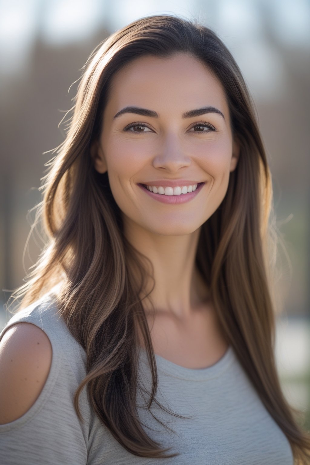 Headshot of a smiling woman with long hair parted to the side, outdoors with a blurred natural background.