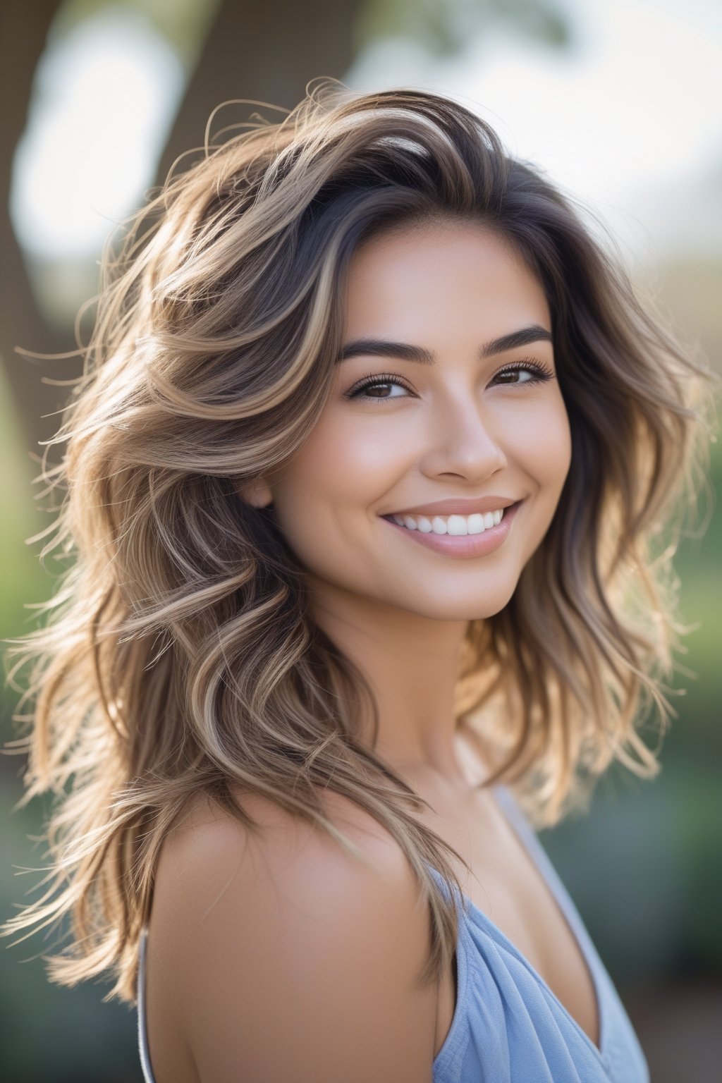 Headshot of a smiling woman with long wavy hair outdoors.