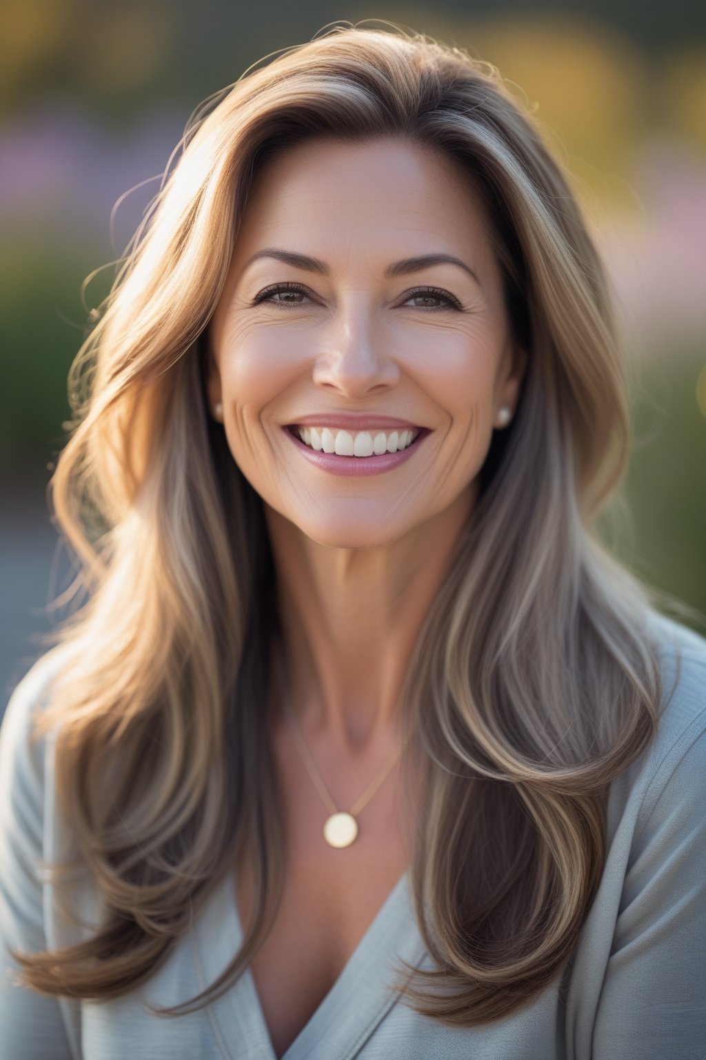 Headshot of a smiling woman outdoors with long hair featuring subtle light highlights.