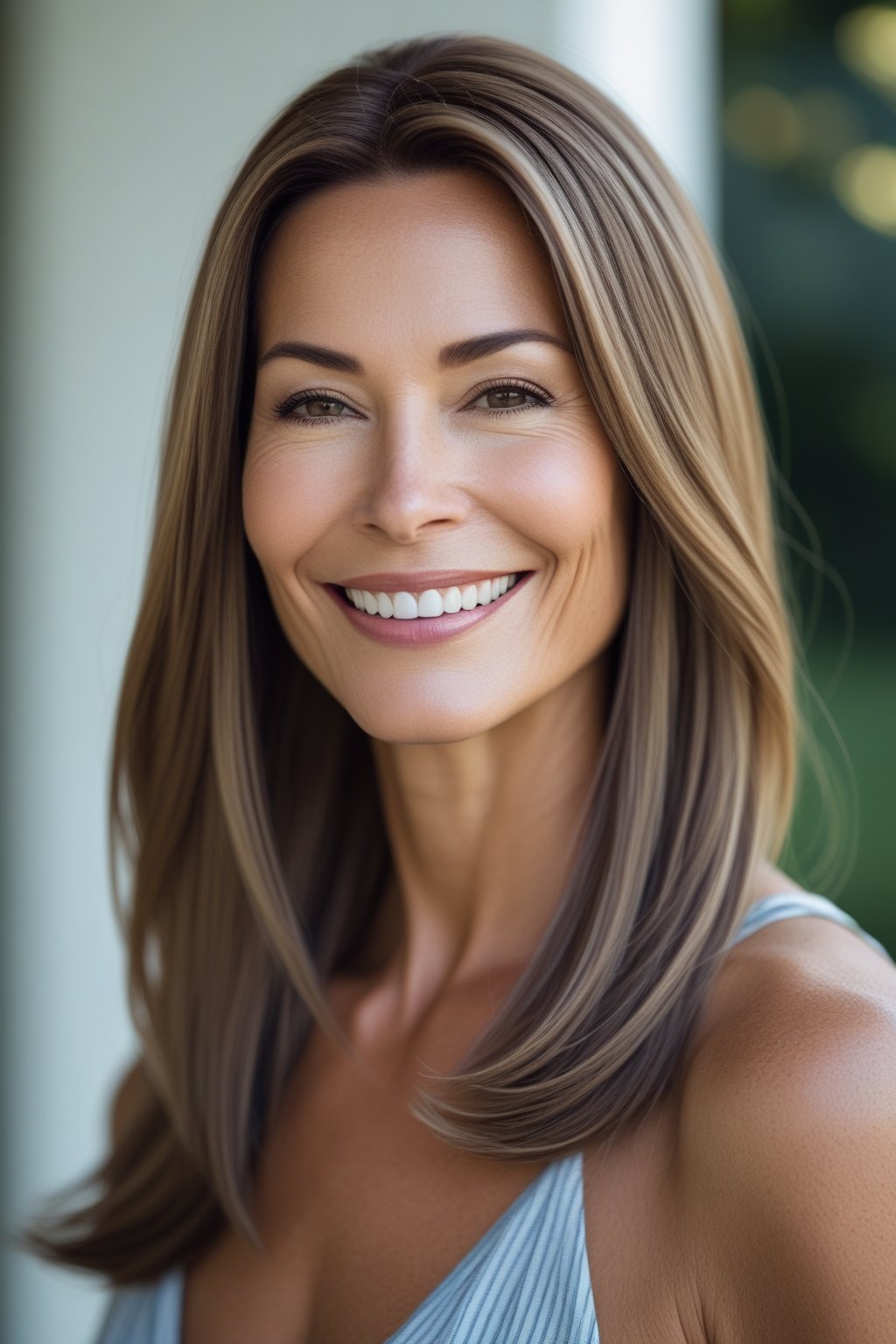 Smiling woman with long straight hair standing outdoors with natural background.