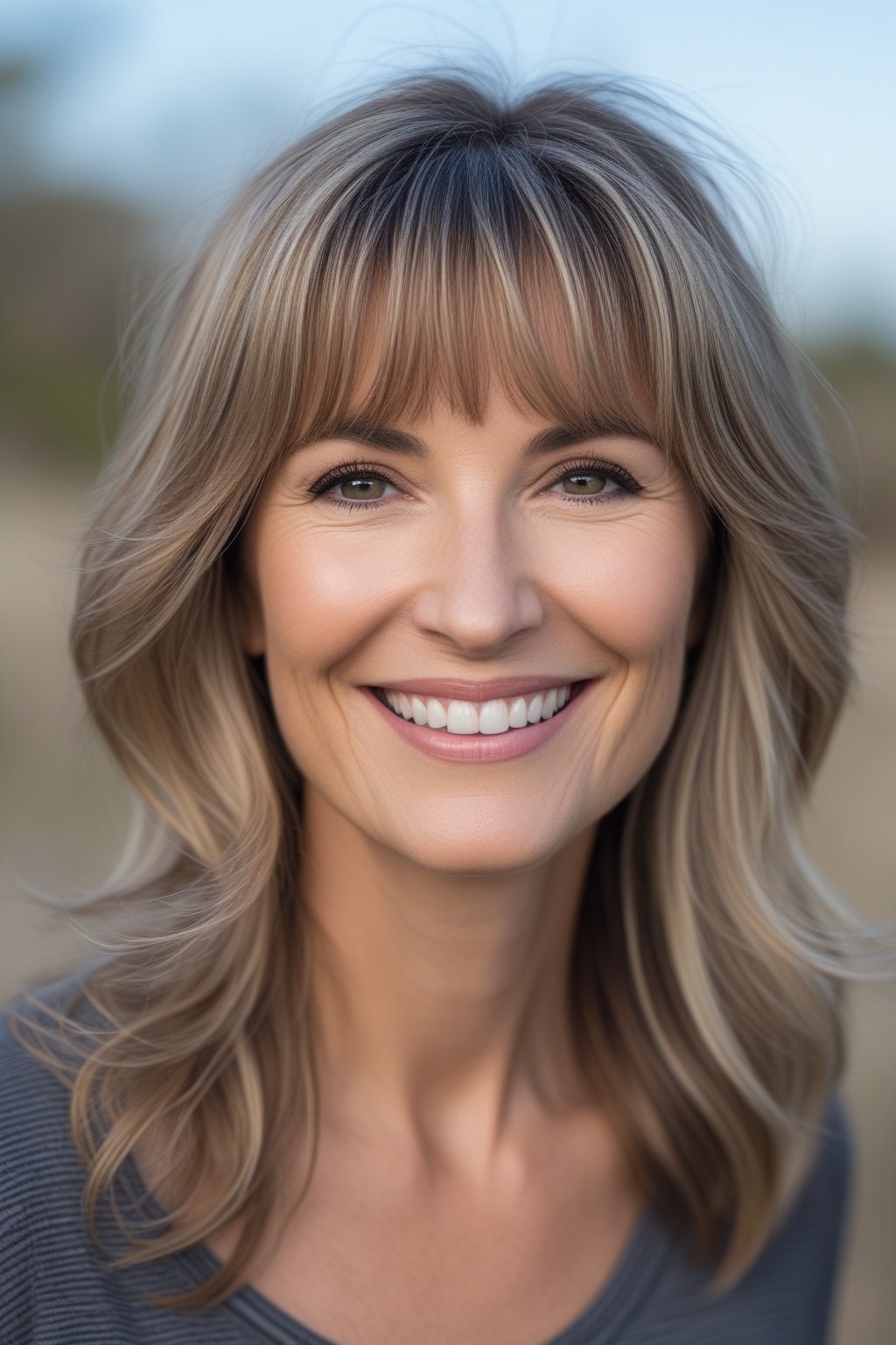 A smiling woman with curtain bangs and long hair outdoors in a natural setting.