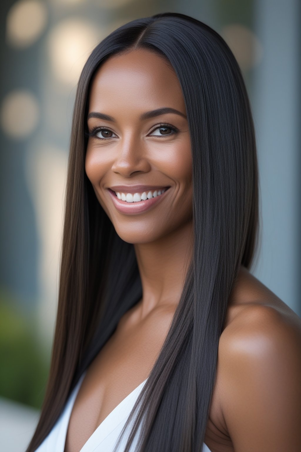 Headshot of a smiling woman with long straight hair outdoors.