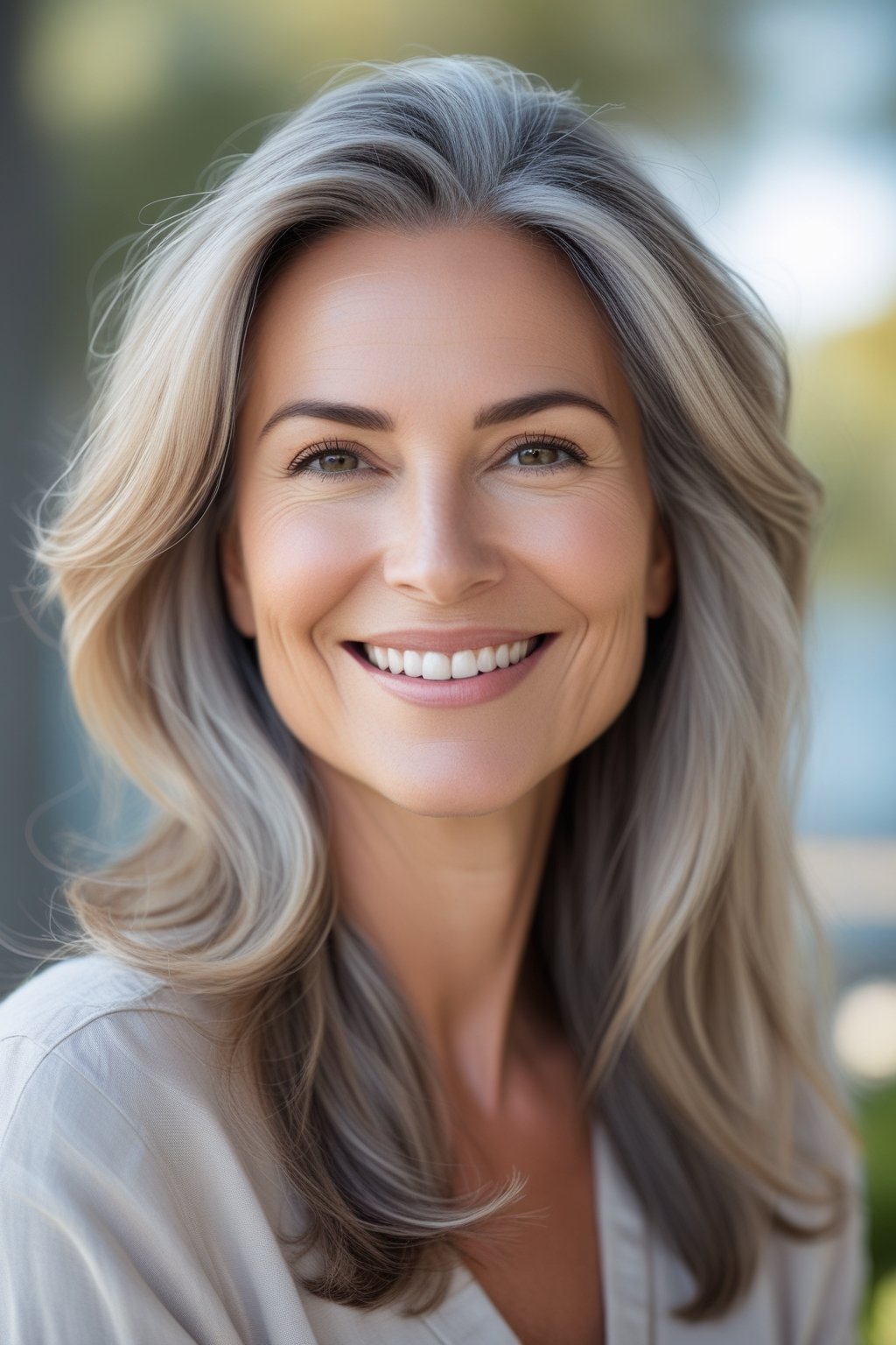 Smiling woman with long hair outdoors, head and shoulders visible.
