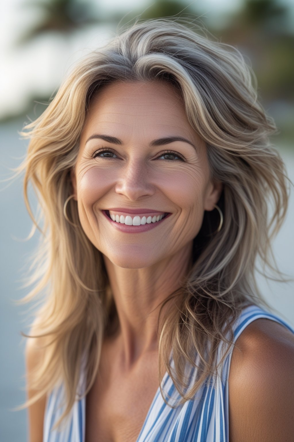A smiling woman with long wavy hair outdoors with a blurred natural background.