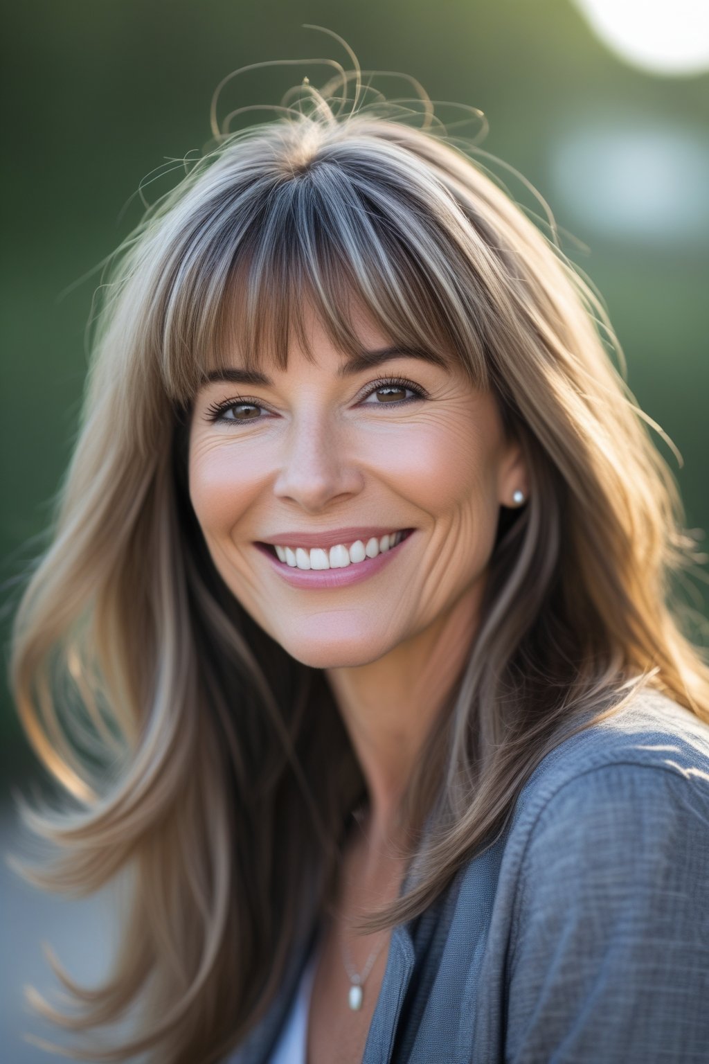 A smiling woman outdoors with full bangs and long layered hair, looking directly at the camera.