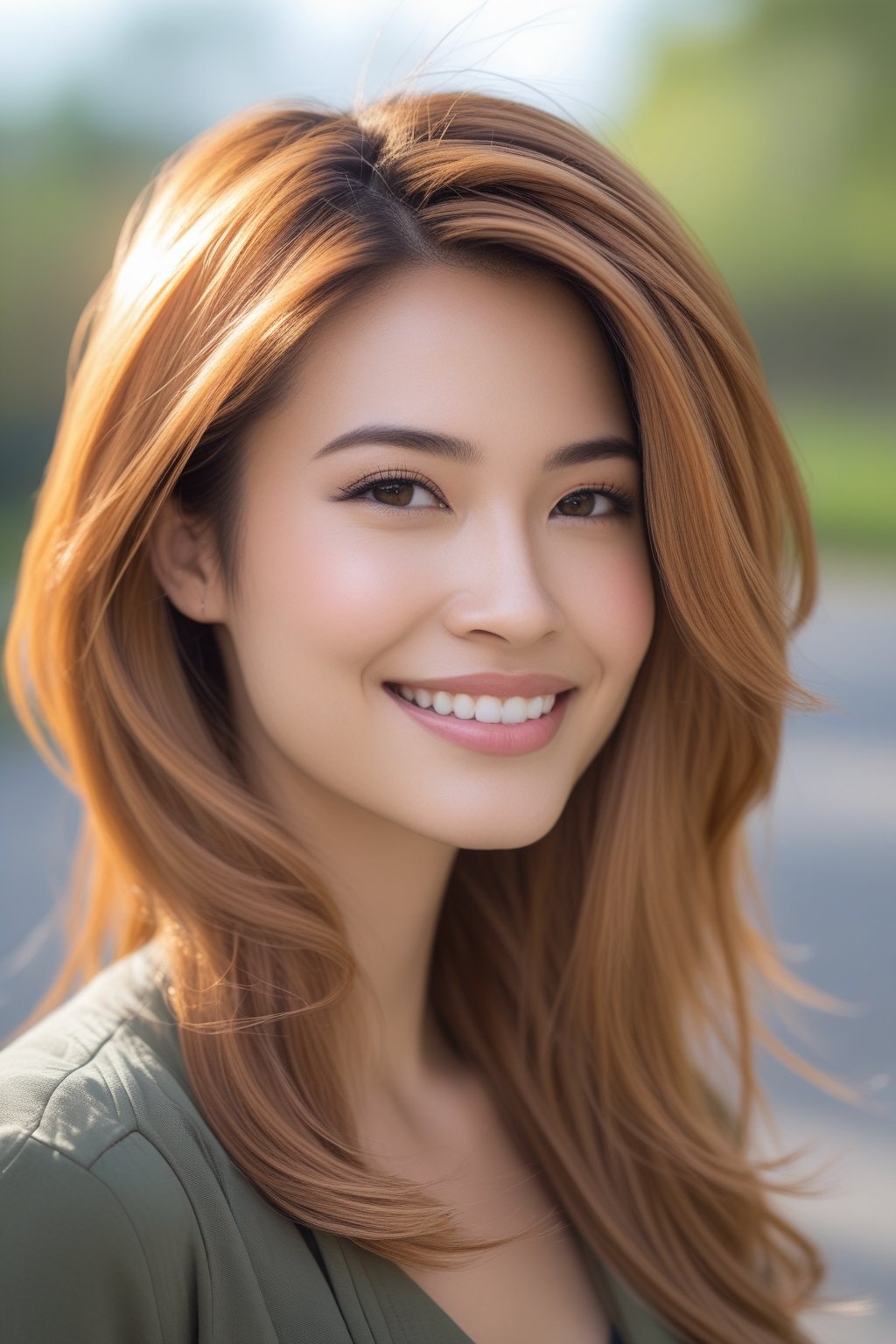 Smiling woman outdoors with long layered hair and natural skin tone.