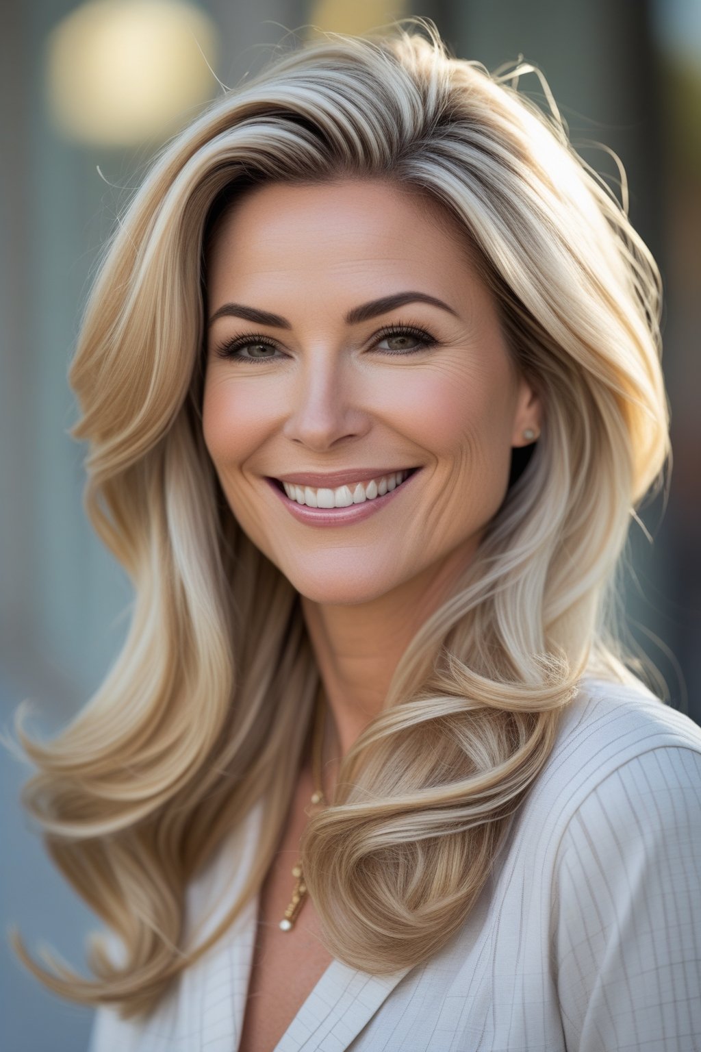 Headshot of a smiling woman outdoors with long blonde hair and natural skin tone.
