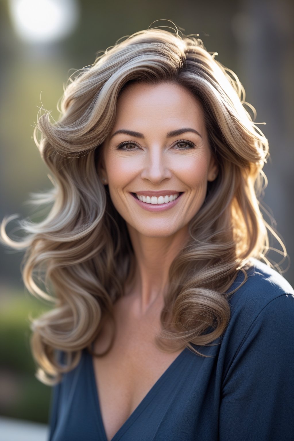 A smiling woman outdoors with wavy long hair, looking at the camera in a natural setting.