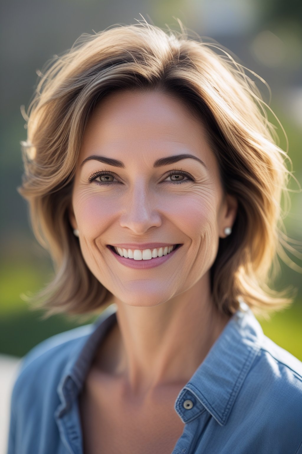 Headshot of a smiling woman outdoors with layered hair framing her face.