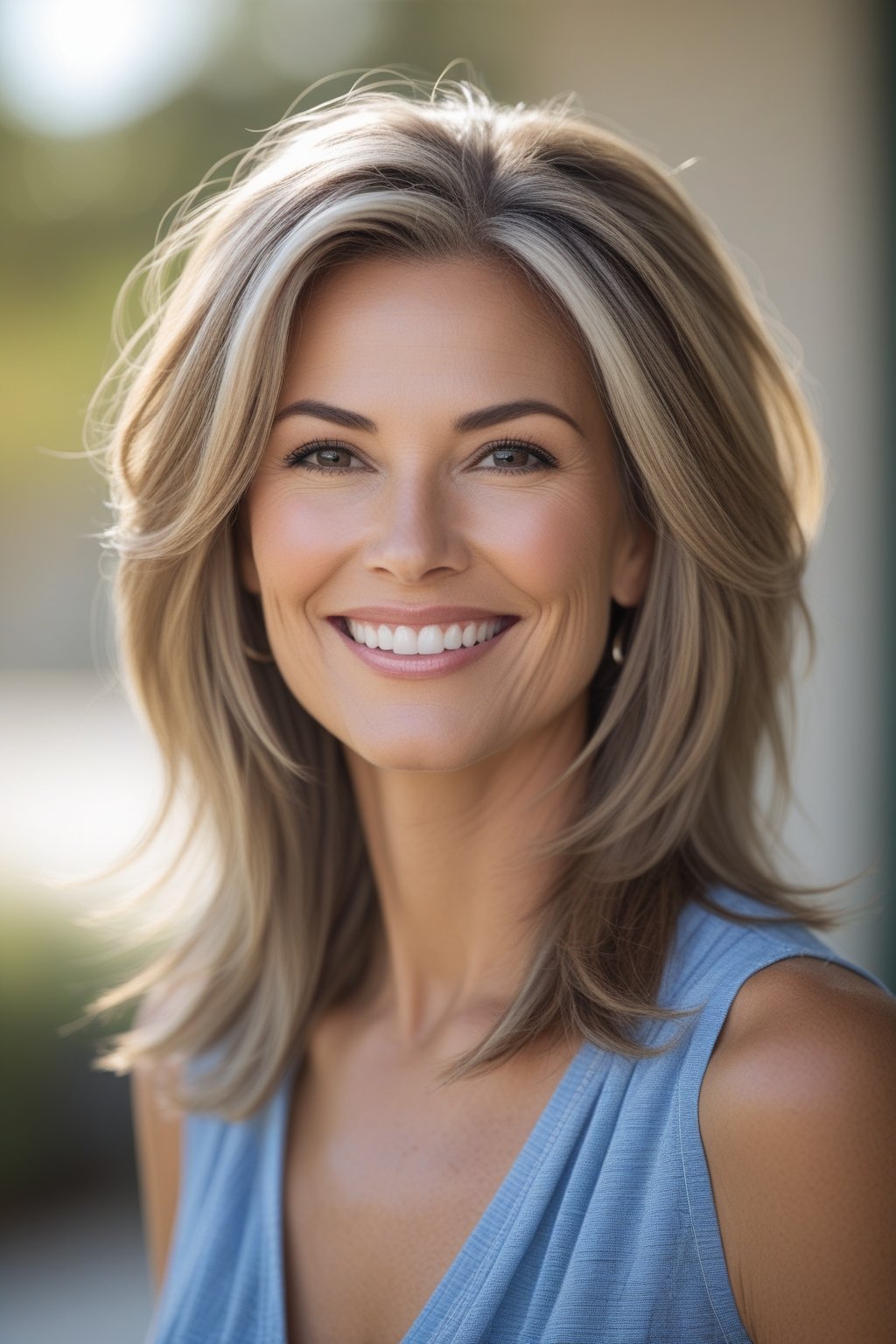 Headshot of a smiling woman outdoors with layered hair and natural skin tone.