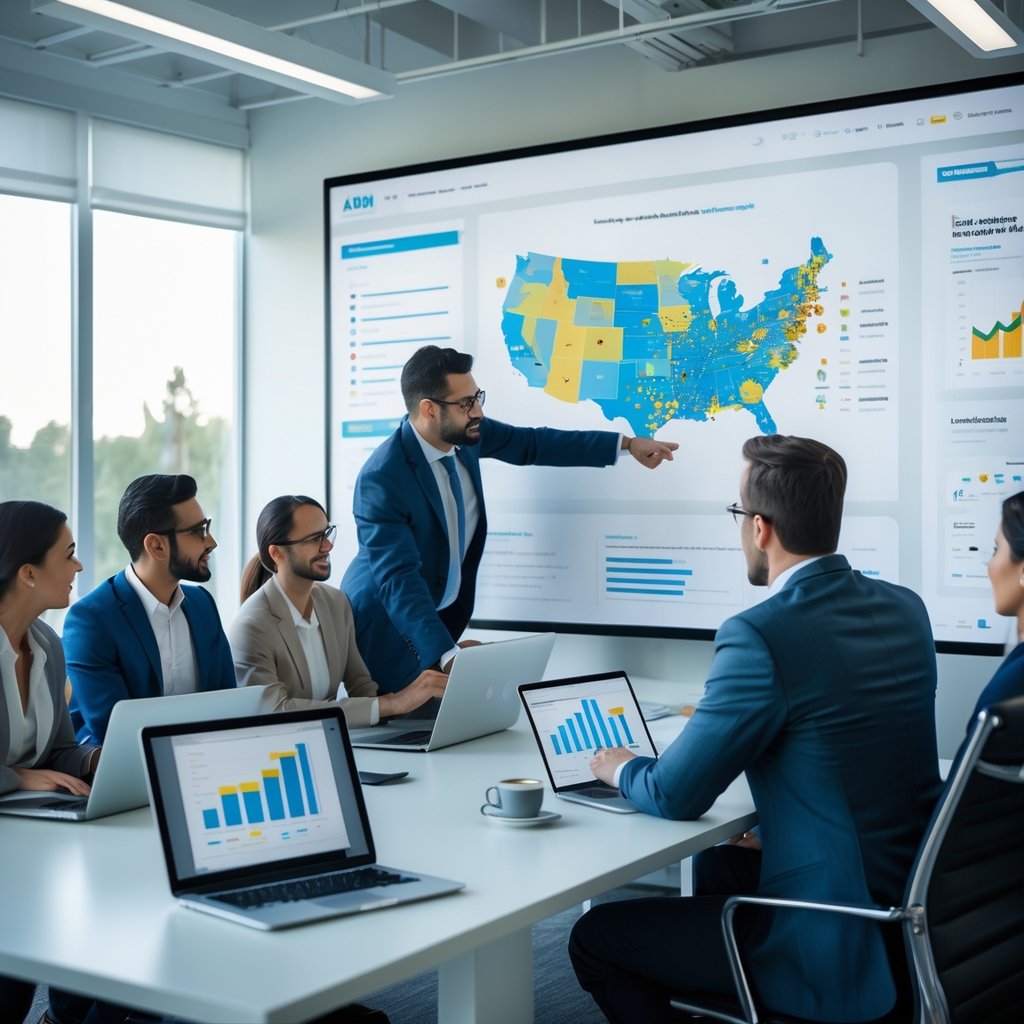 A group of business professionals collaborating around a table with a digital screen showing a map and data, working on a location-based marketing strategy.