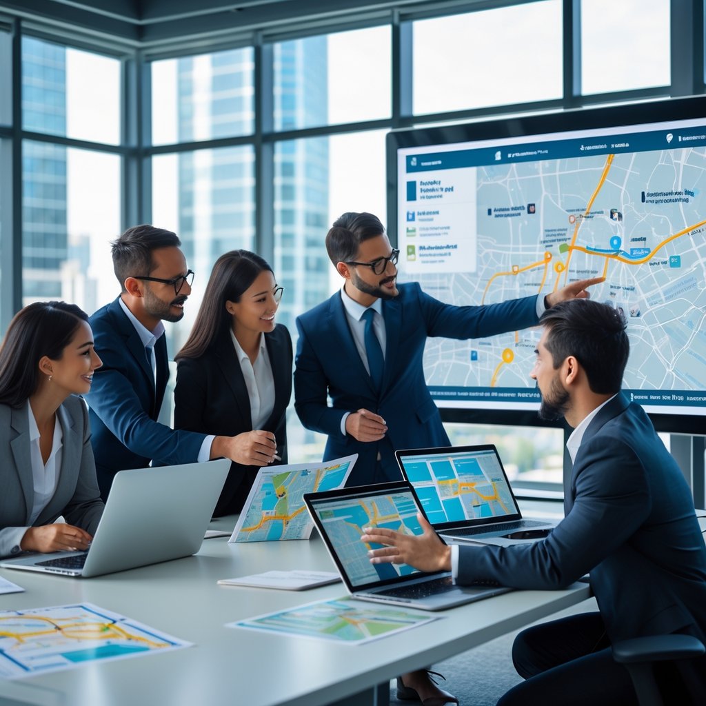 A diverse team of professionals collaborating around a table with digital maps and devices in a modern office with a cityscape visible through the windows.