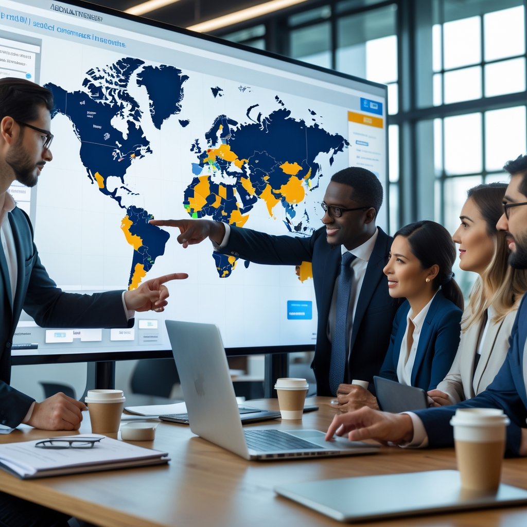 A group of business professionals collaborating around a digital map in a modern office, discussing local market strategies.