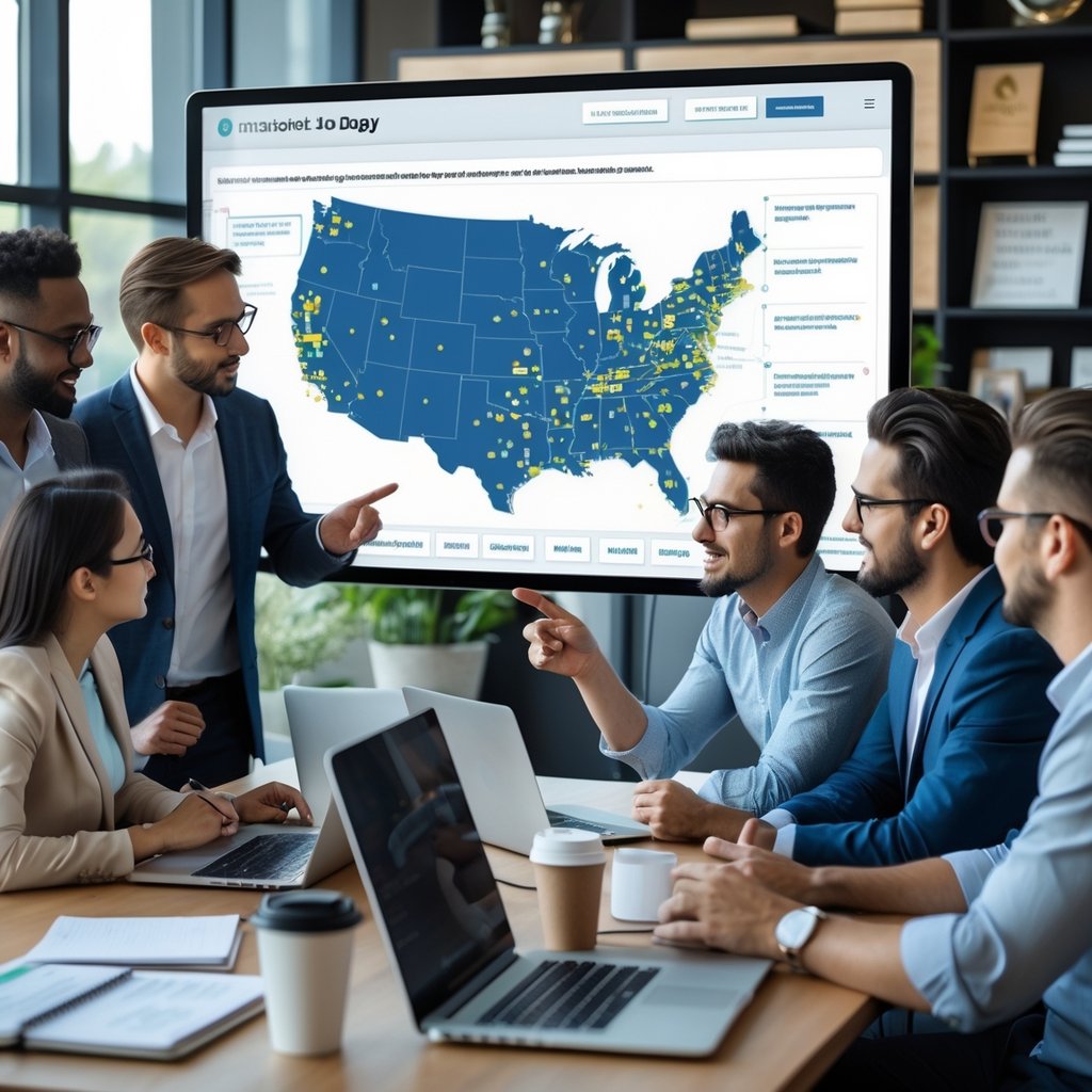 A group of marketing professionals collaborating around a digital map in a modern office, discussing location-specific content strategies.