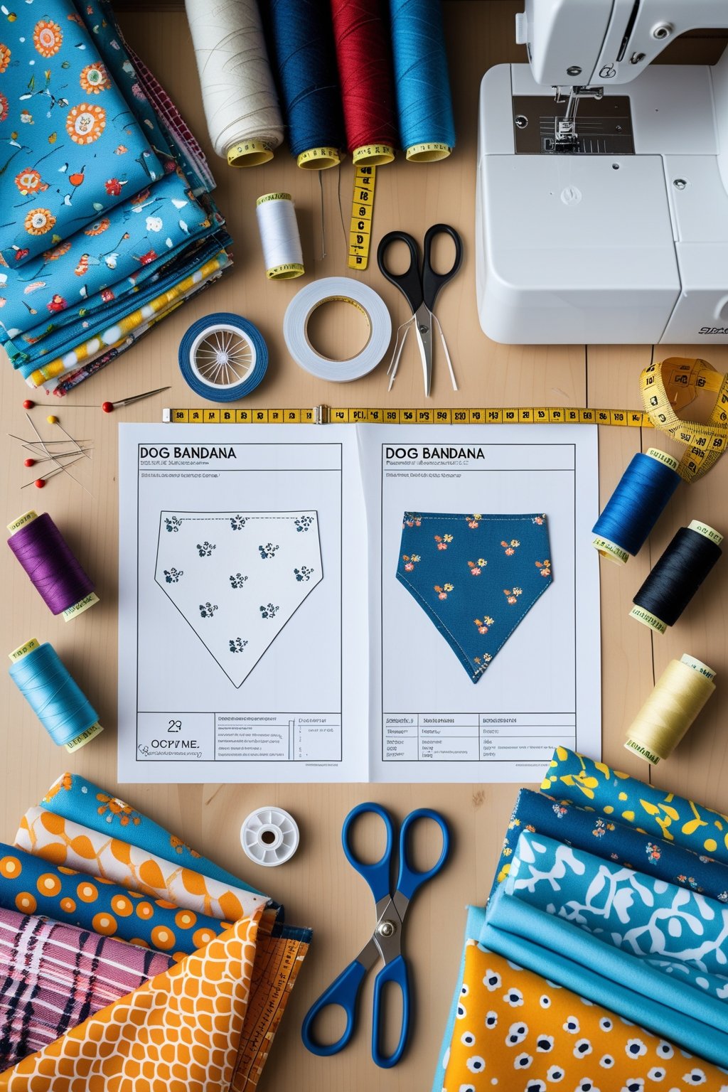 A sewing workspace with fabric, scissors, measuring tape, thread, pins, and a sewing machine arranged on a wooden table.