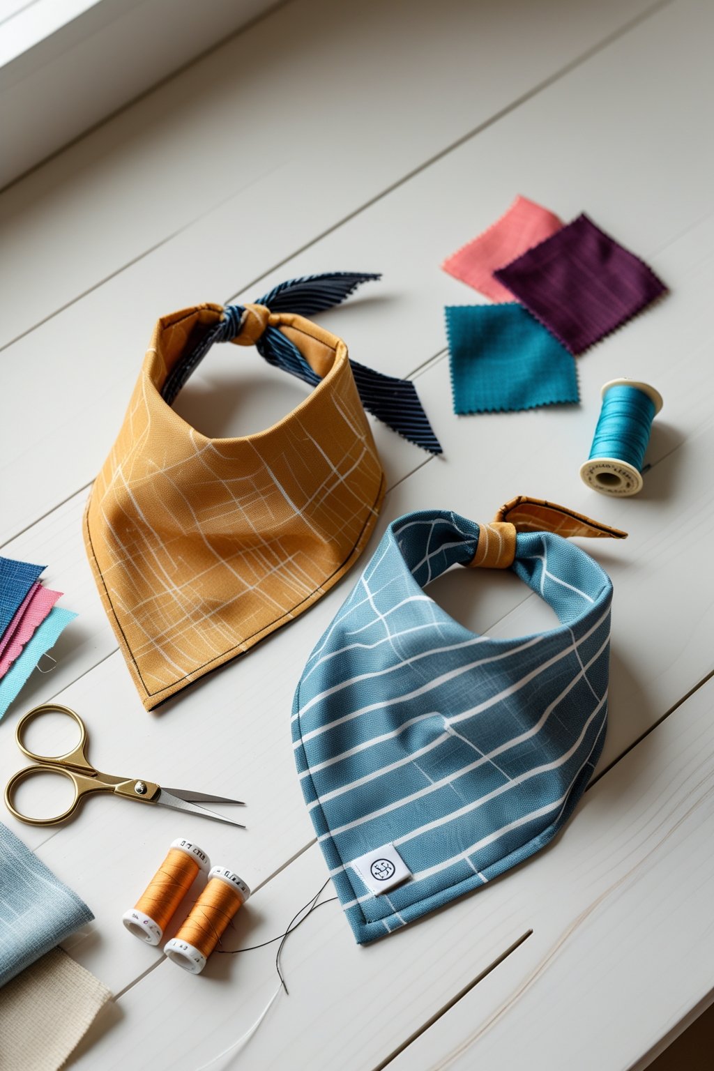 Two handmade dog bandanas displayed on a wooden surface with sewing materials arranged around them.