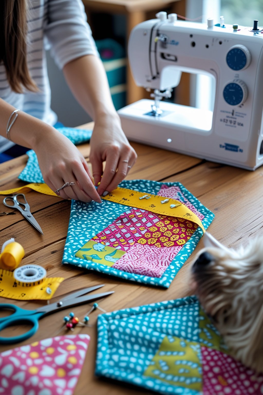 Hands sewing a colorful dog bandana on a wooden table with sewing tools nearby and a dog wearing a finished bandana sitting beside.