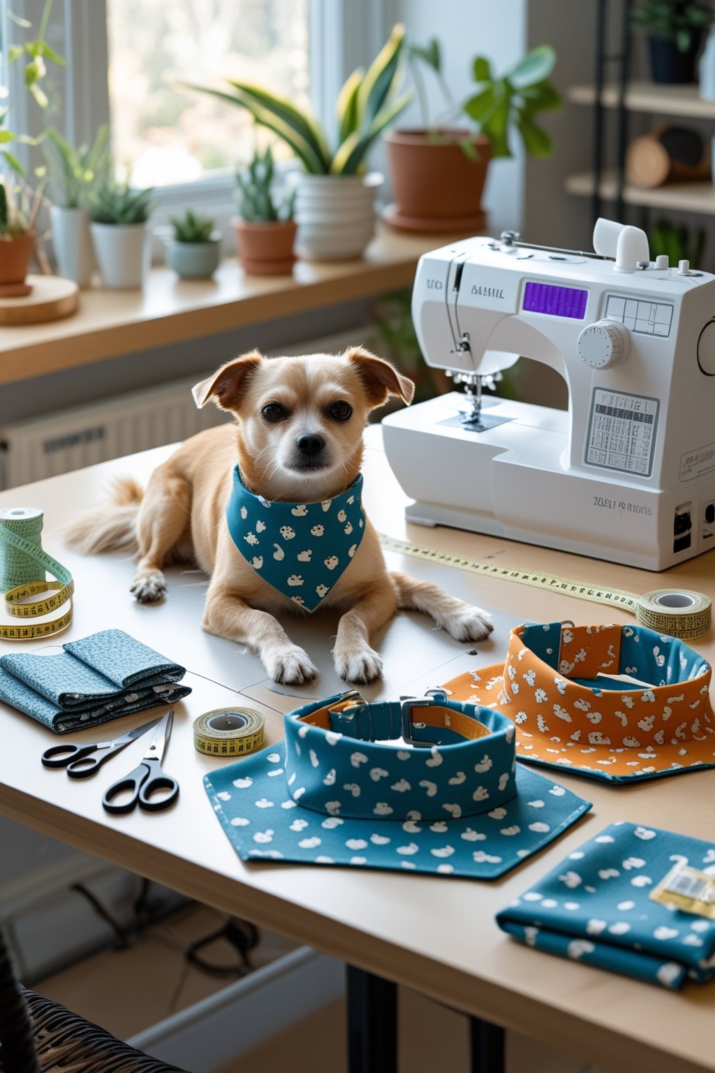 A dog wearing a bandana sits near sewing materials and finished bandanas on a crafting table in a bright room.