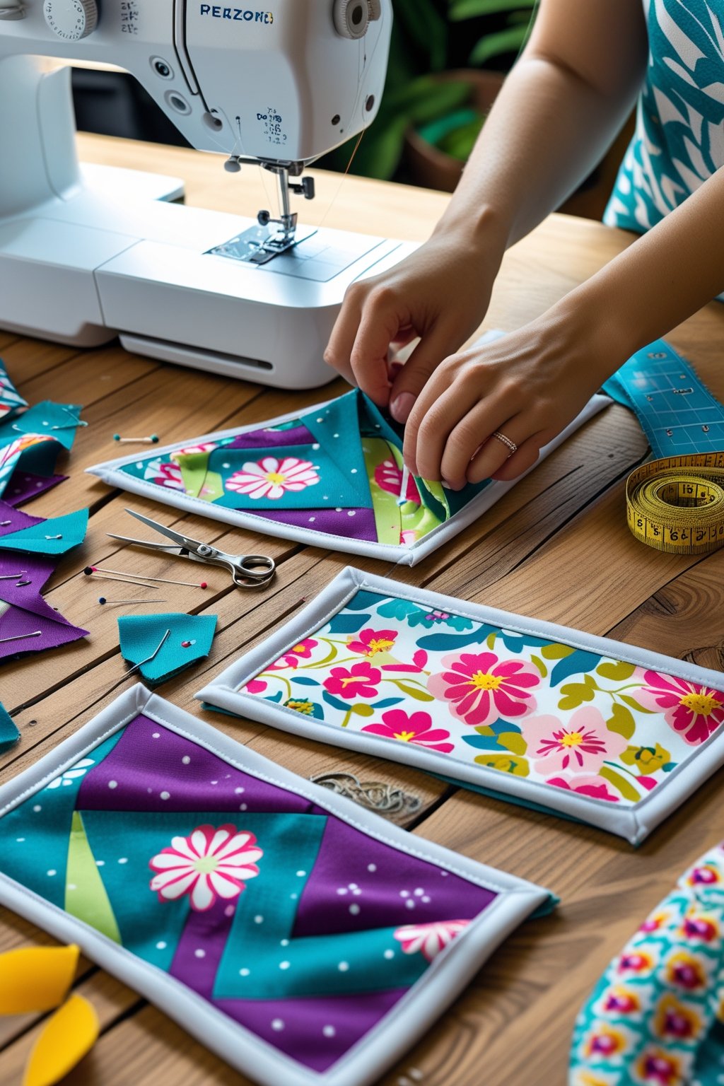 Close-up of hands sewing colorful dog bandanas on a wooden table with sewing tools and fabric pieces.