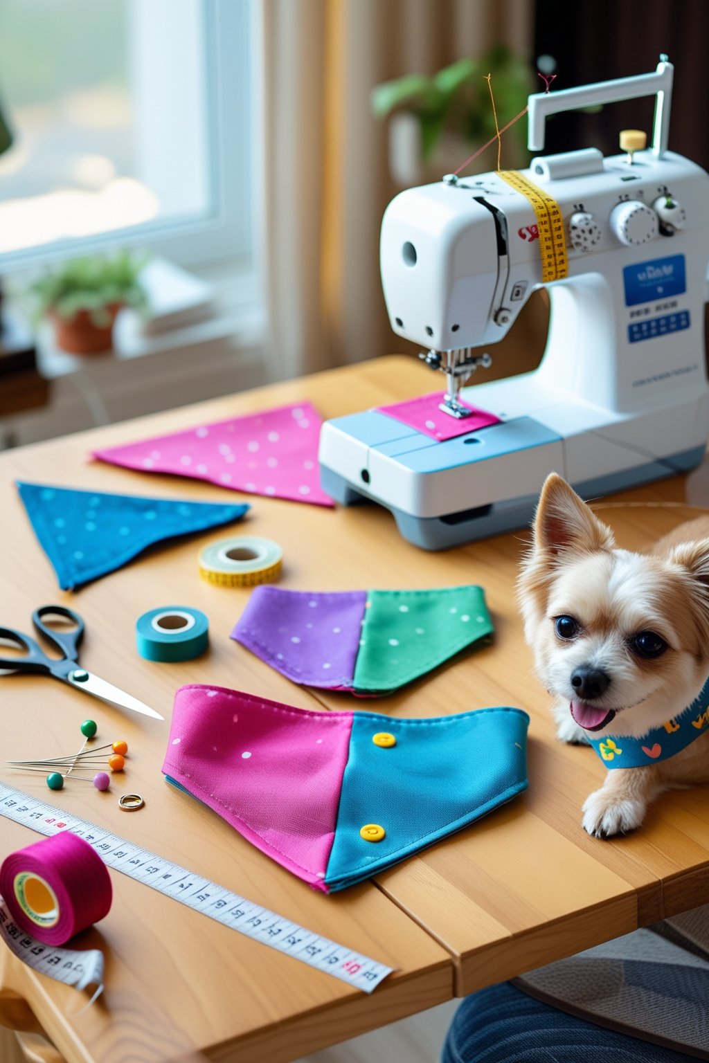 A sewing workspace with fabrics, sewing tools, and a small dog wearing a handmade bandana.