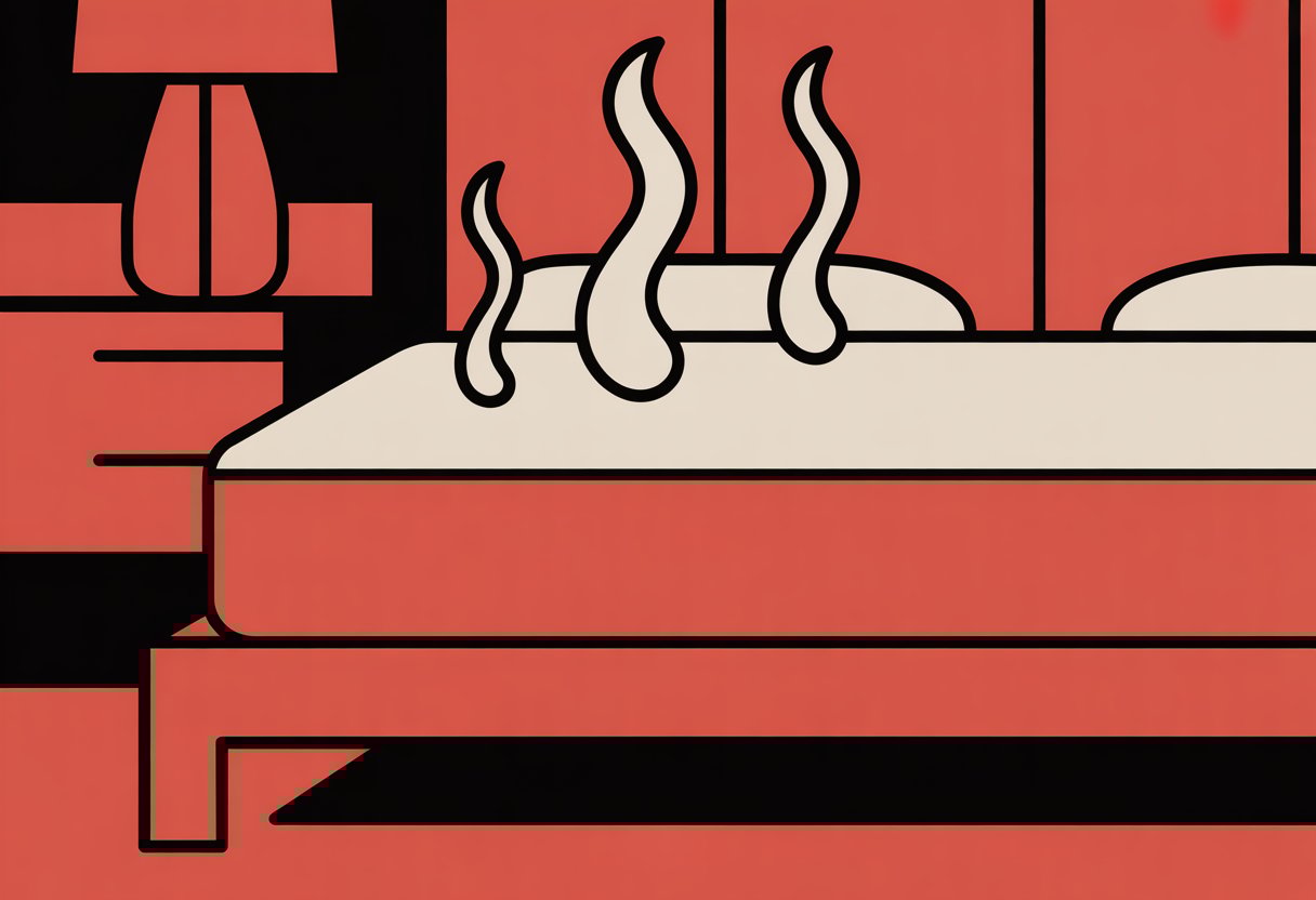 A simple bedroom scene showing a bed with a mattress and stylized wavy lines above it to represent cooling.