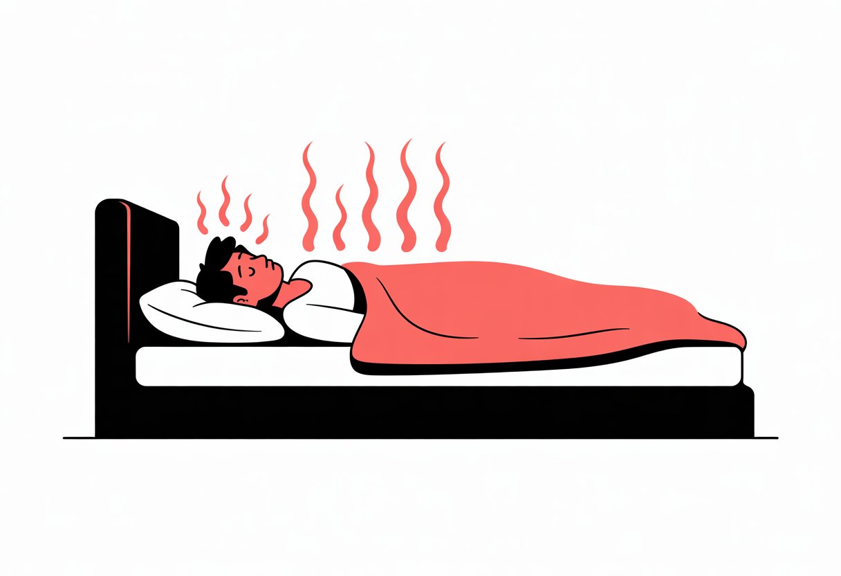 A person lying in bed with wavy lines rising from their body, suggesting they feel hot while sleeping.