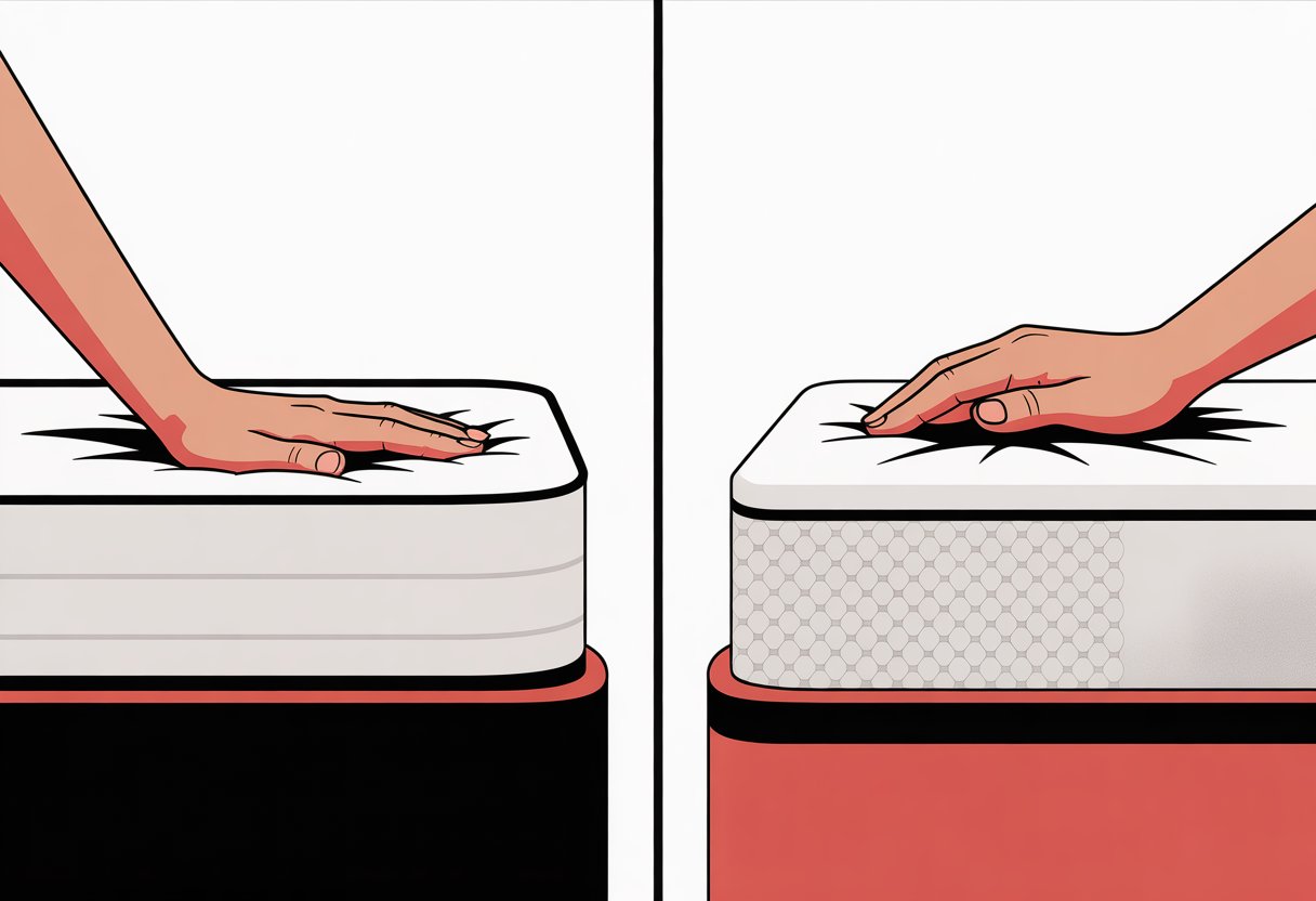 A split image showing two mattresses side by side, one with a hand pressing down creating an indentation, and the other with a hand pressing down but the surface quickly bouncing back.