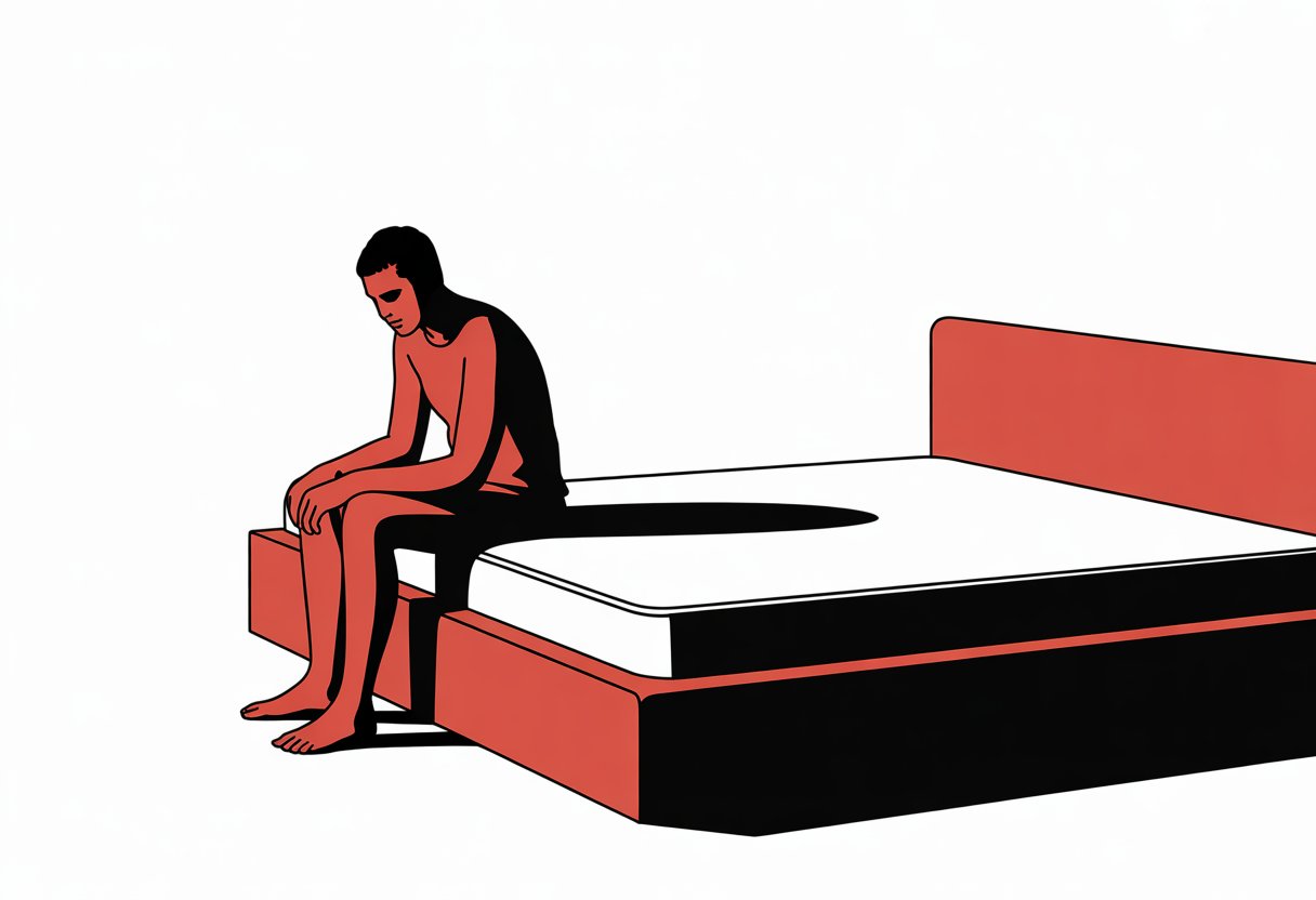 A person sitting on the edge of a mattress, adjusting to it.