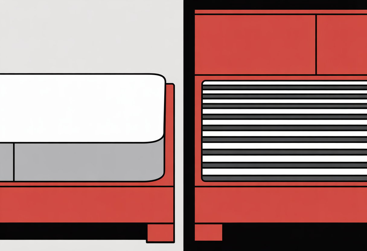 A simple side-by-side illustration showing a box spring on the left and bed slats on the right, each supporting a mattress.