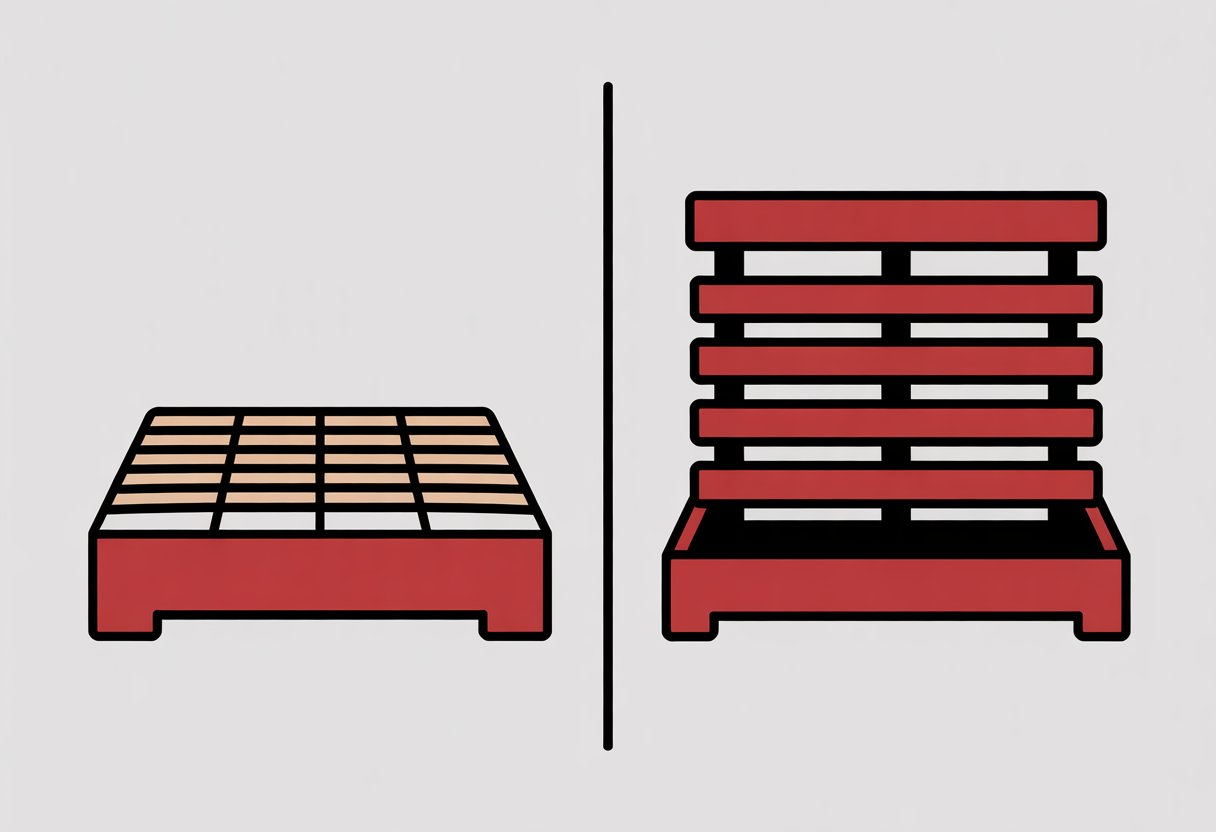A side-by-side comparison of a box spring and a set of slats, showing a solid rectangular base on the left and evenly spaced horizontal slats on the right.