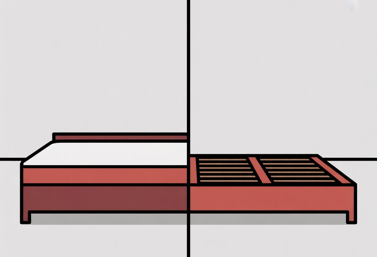 A split image showing a bed with a box spring on one side and a bed with wooden slats on the other side.