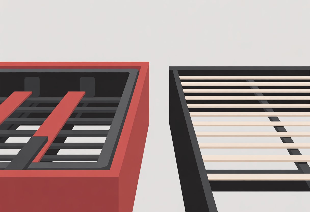 A simple illustration showing a box spring on the left and bed slats on the right, side by side.