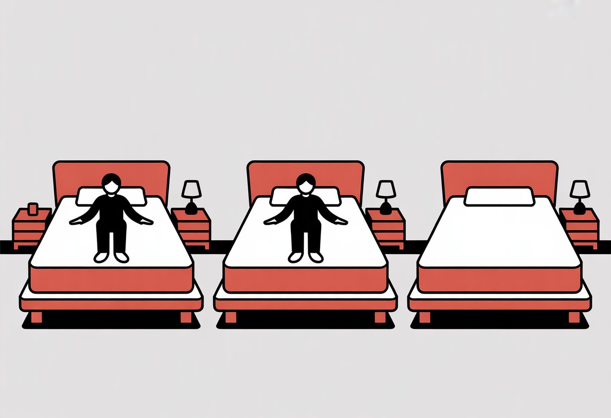 Three side-by-side panels showing a person lying on a mattress that gradually softens and forms indentations over time.
