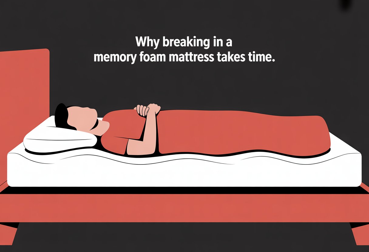A person lying down on a memory foam mattress in a simple bedroom scene, showing the mattress slowly adapting to their body.