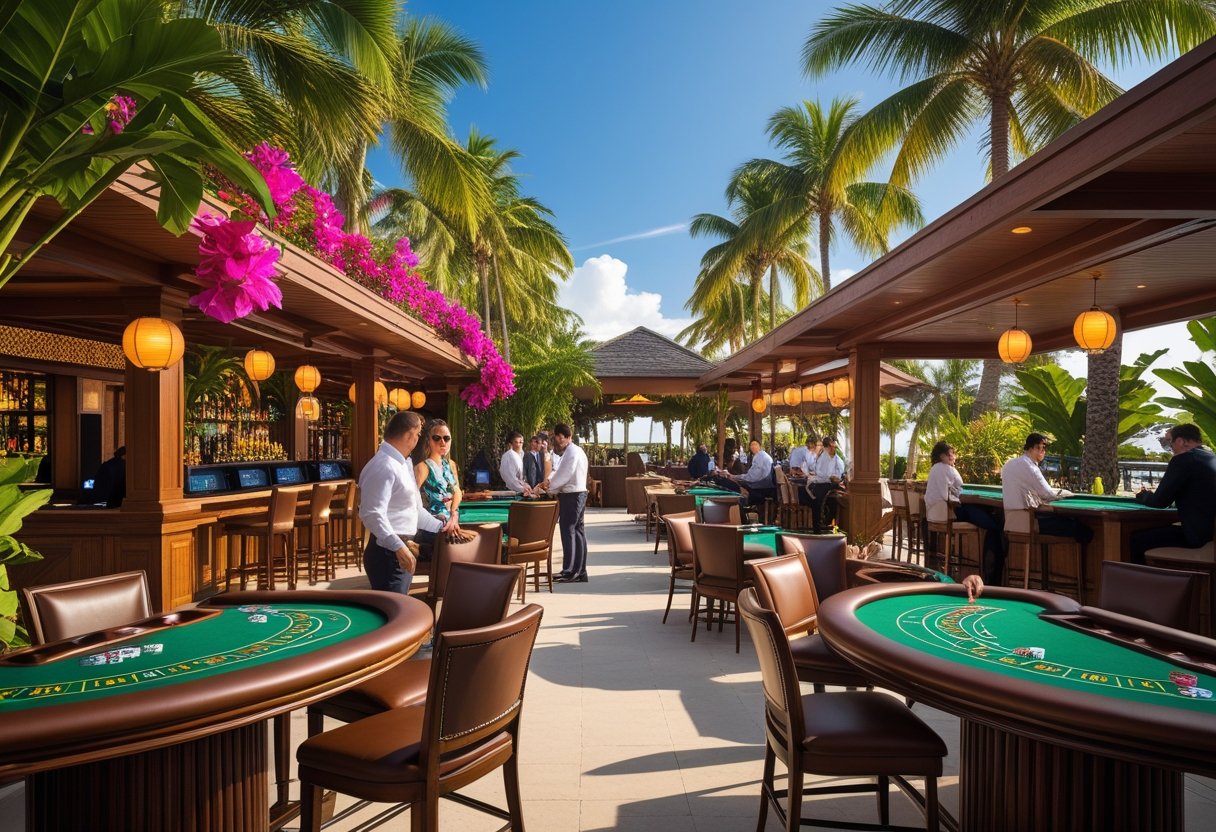 Outdoor tropical casino scene with gaming tables, palm trees, and people playing card games.