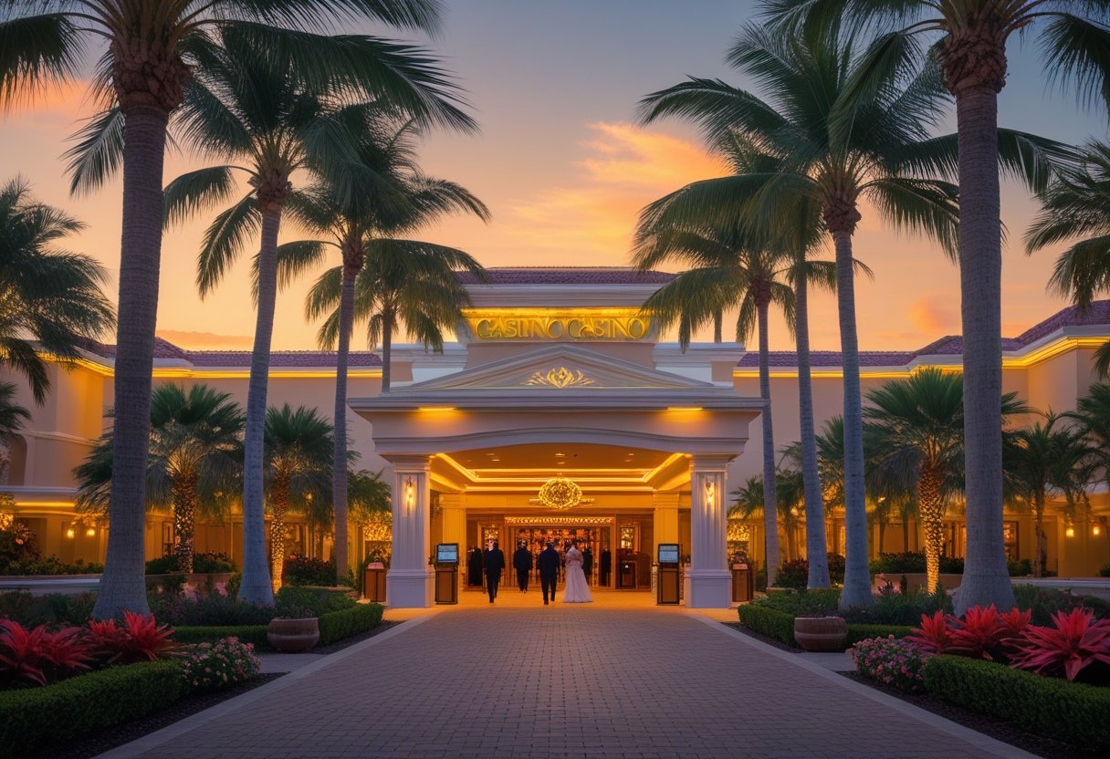 A grand tropical casino building surrounded by palm trees and tropical plants at sunset with guests entering the entrance.