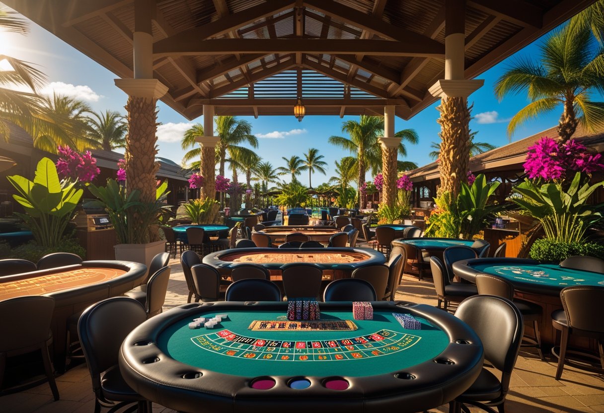 Outdoor casino gaming tables surrounded by tropical plants and palm trees under a bright sky.
