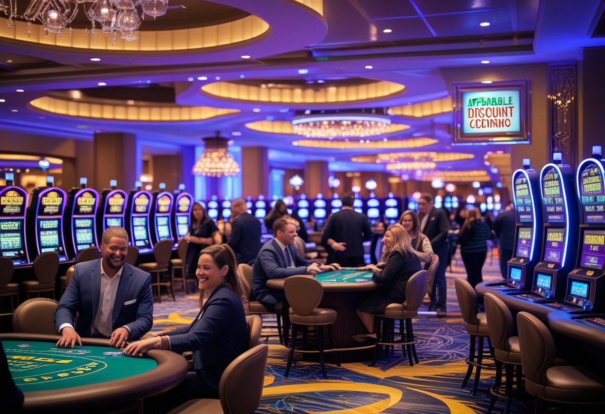 A lively casino interior with people playing slot machines and card games, showing a welcoming and energetic atmosphere.