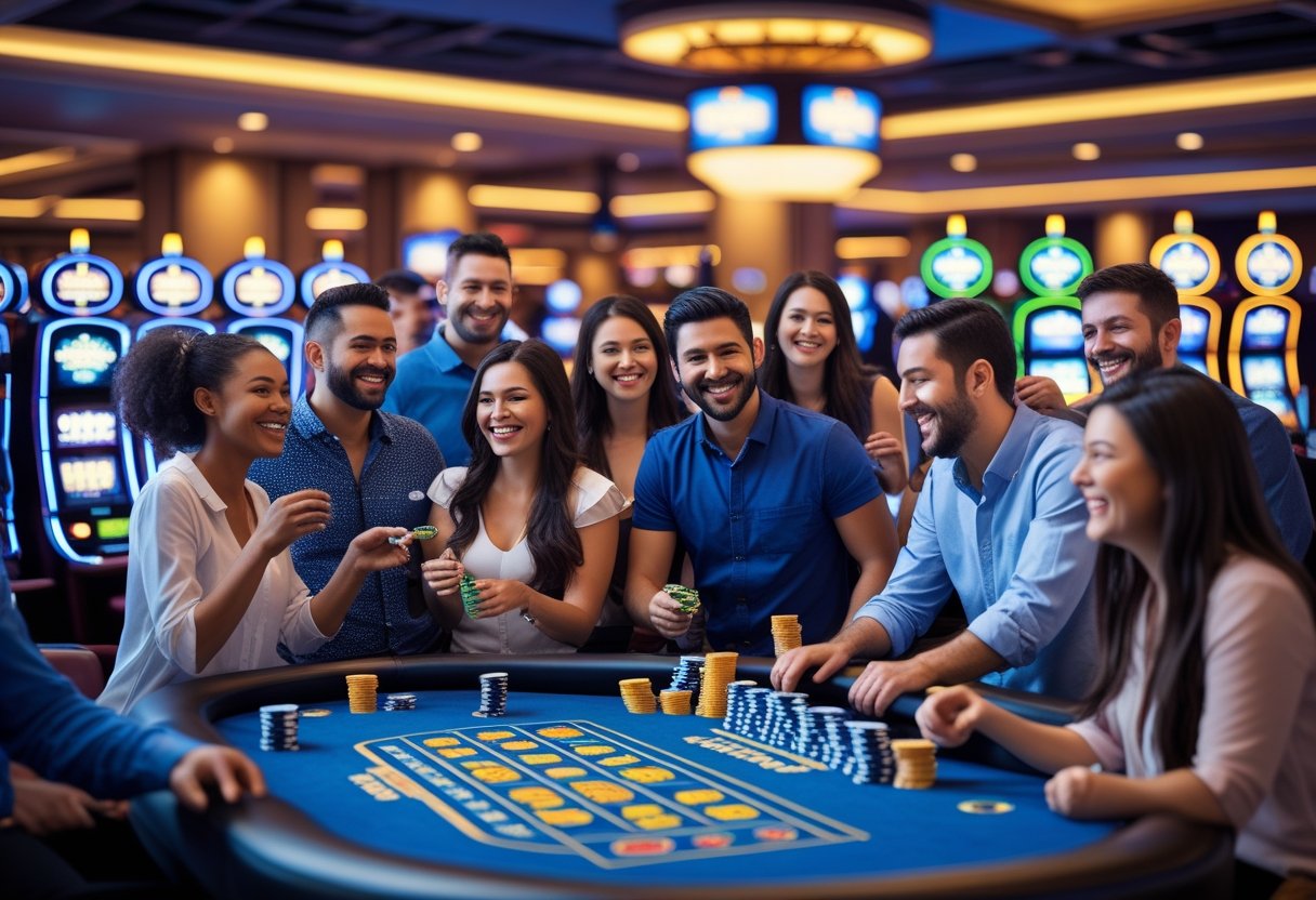 People enjoying themselves playing games and slot machines inside a lively casino.