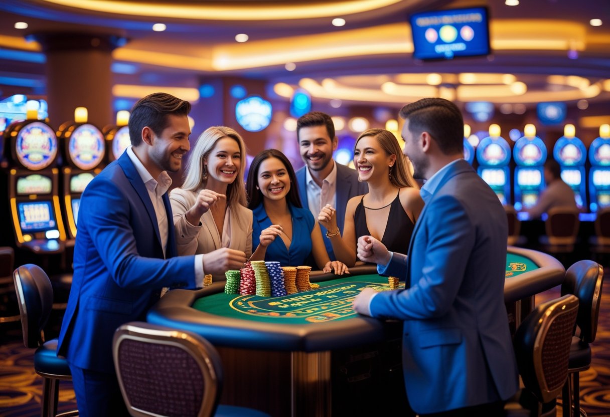 A lively casino scene with people enjoying slot machines and gaming tables, surrounded by colorful lights and casino chips.