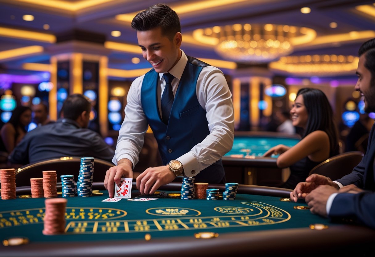 A dealer dealing cards at a casino table surrounded by players in a lively casino setting.
