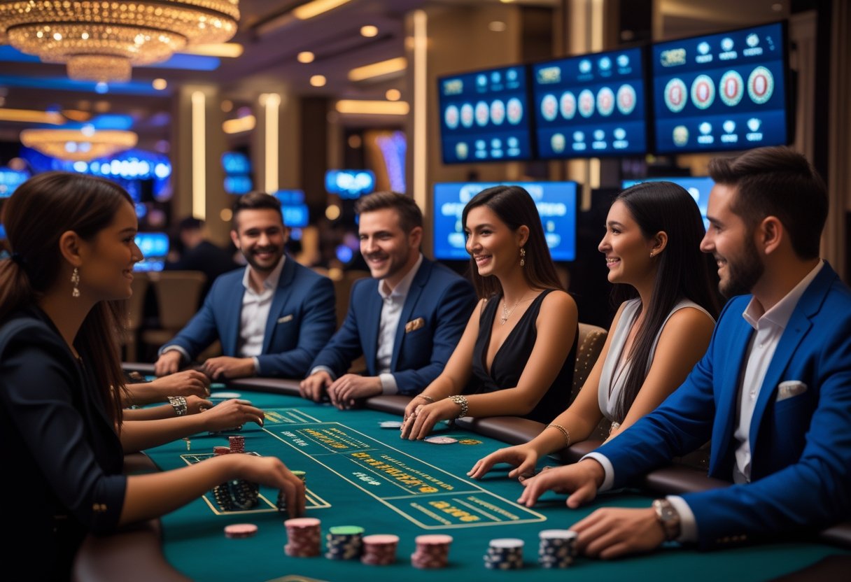 A group of people playing casino games at a gaming table with a live dealer in a modern casino setting.