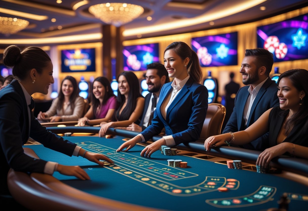 A dealer at a casino table interacting with players in a lively live casino setting with digital screens in the background.