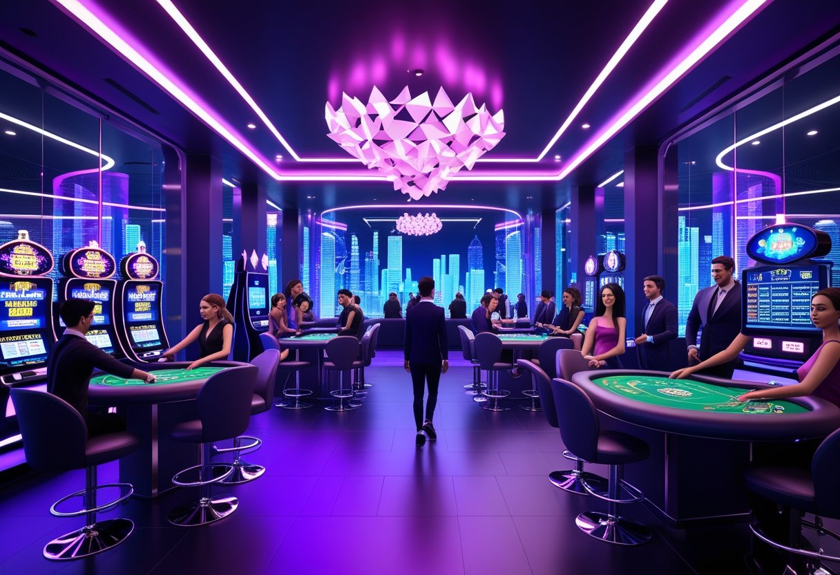 A futuristic virtual casino with neon lights, digital slot machines, holographic poker tables, and diverse avatars playing games in a vibrant virtual environment.